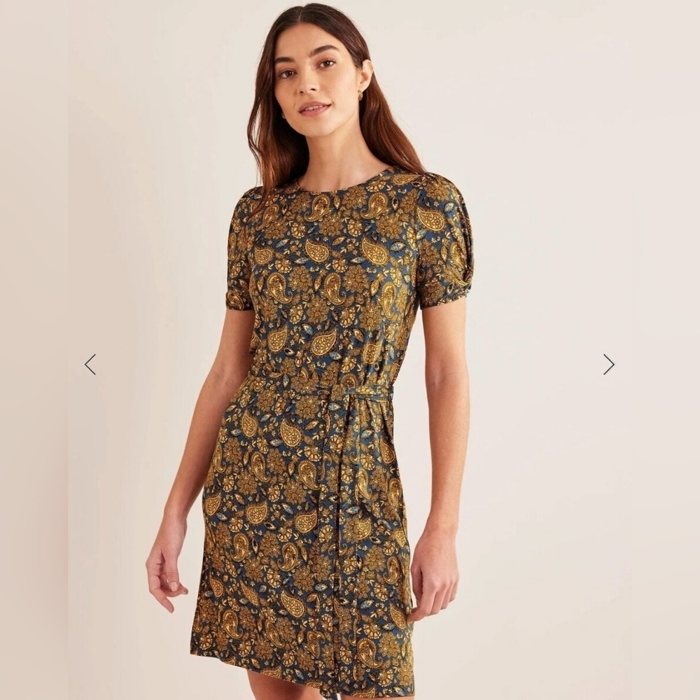 Boden sz 2 blue harvet gold paisley Print Short Sleeve Dress tulip sleeve